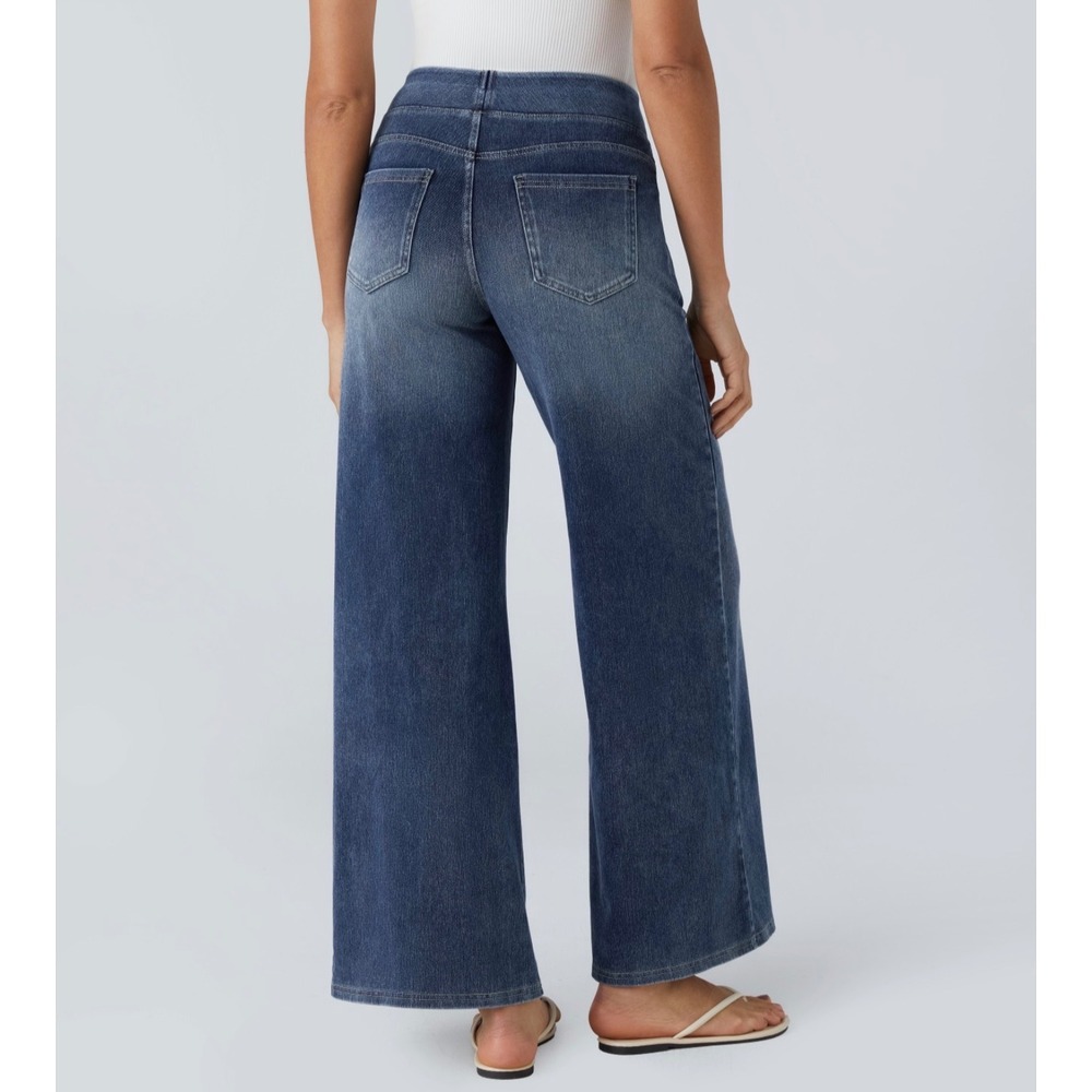 Halara Flex High Waisted Pockets Baggy Wide Leg Washed Casual Jeans Blue L NWT